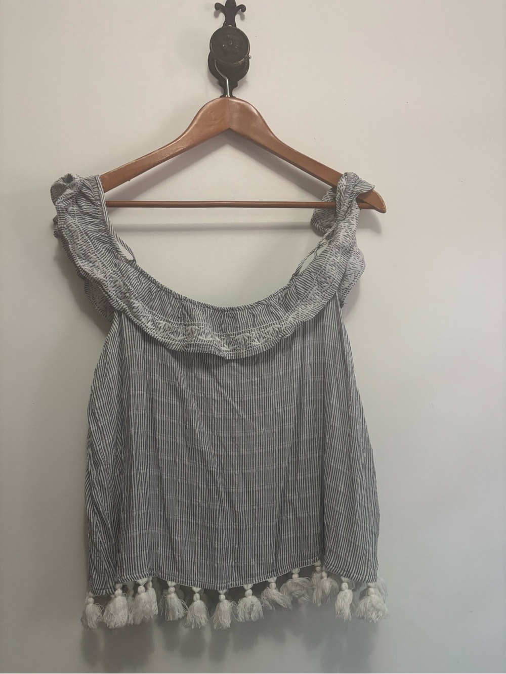 Aeropostale Gray Striped Off-Shoulder Camisole with Tassels
